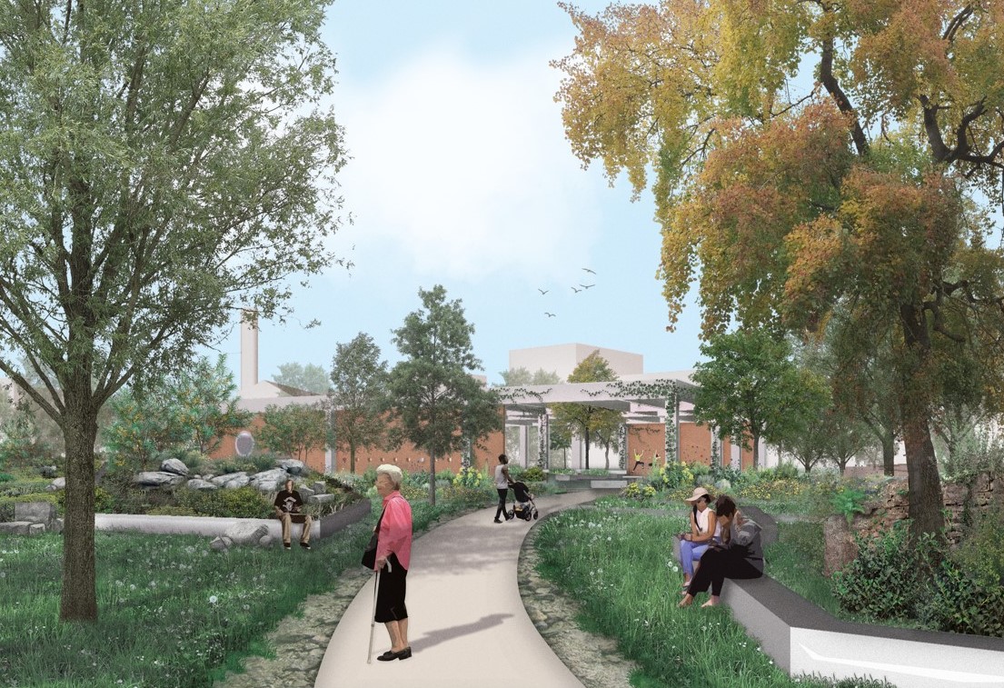 Dit beeld geeft een idee hoe het park er zal uitzien vanuit de Désiré Fiévéstraat.