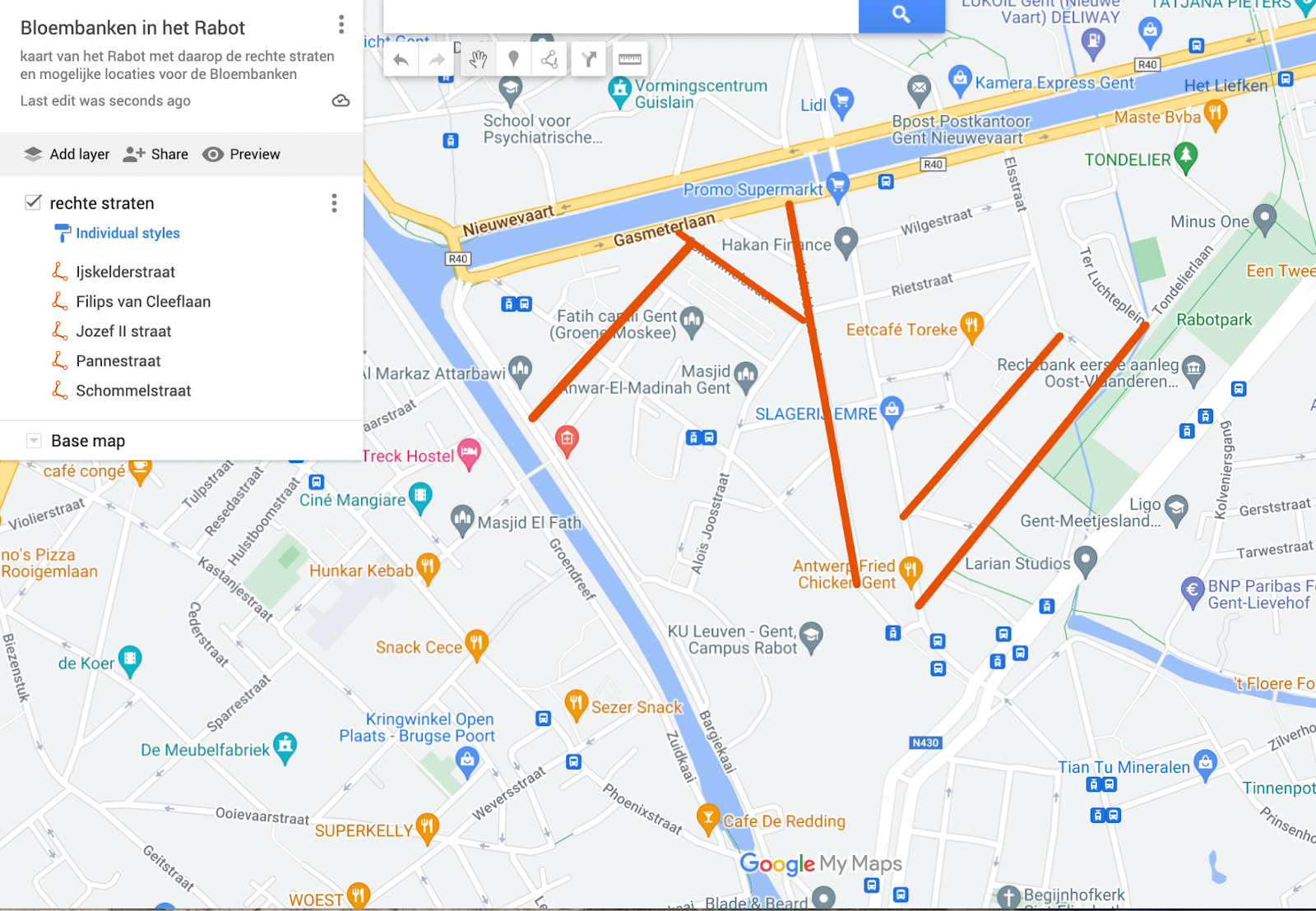 Kaart 1: Het Rabot als buurt met lange, rechte straten die uitnodigen om te racen.