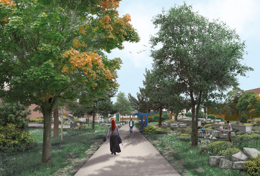 Dit beeld geeft een idee hoe het park er zal uitzien vanuit de Ham.
